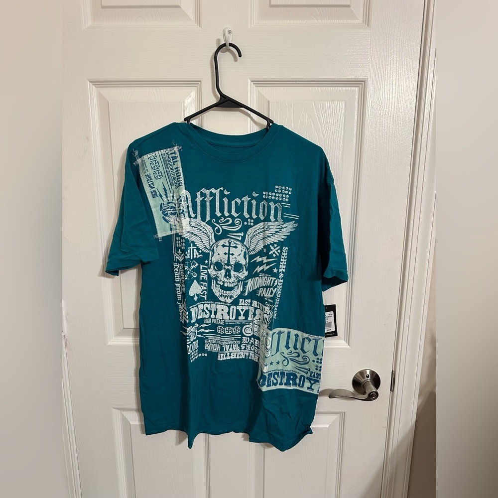 Affliction Men's Teal and White Graphic Tee